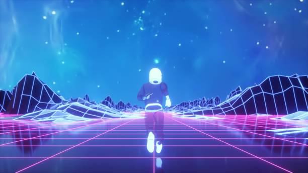 istock Astronaut runs surrounded by flashing neon lights. Synthwave background. 3d illustration 2161341157