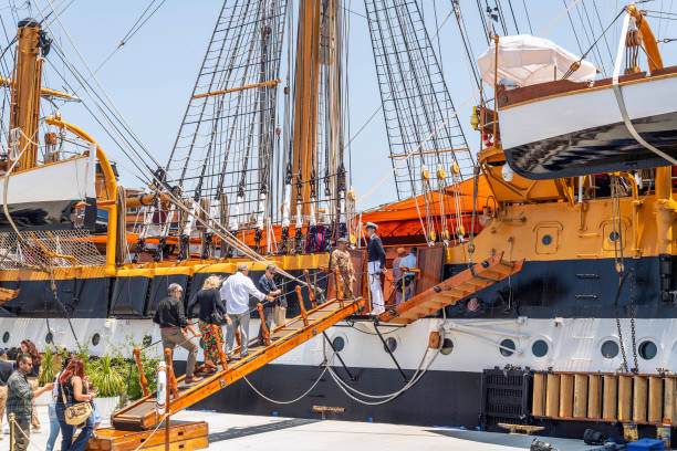 San Pedro, CA, USA  July 5, 2024: The Amerigo Vespucci, an Italian navy training ship, docks at the Port of LA in San Pedro, CA. The ship is considered one of the most beautiful in the world.