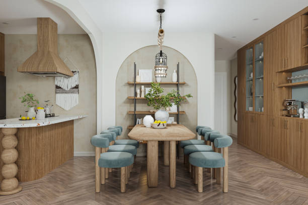 istock A bright dining place with creative art and botany interior, wooden decor. 2161342489