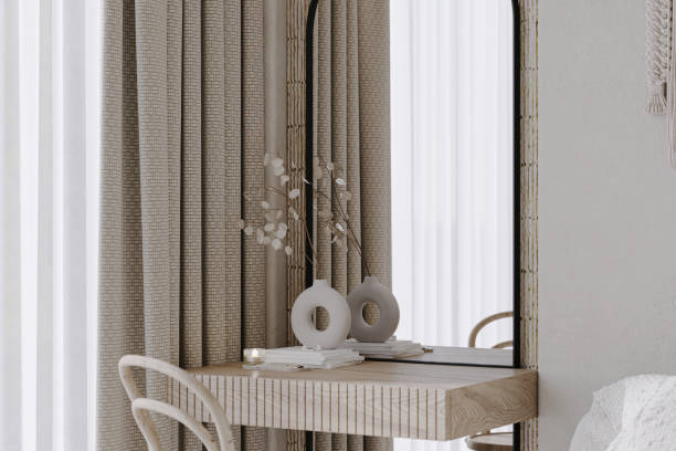 istock A boho bedroom with a dressing mirror and attached stand near the window. 2161343002