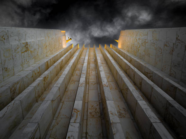 Stormy clouds loom over a towering architectural structure with vertical lines drawing the eye upward. The structure's illuminated edges contrast sharply with the dark sky, creating a dramatic and moody atmosphere.