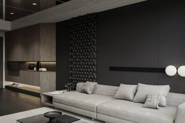 istock Gray modular sofa next to shoe cabinet with black wall background interior in a modern living area. 2161344270
