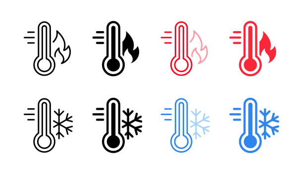 Hot and cold temperature icon set. Thermometer with snowflake and fire vector illustration. Warm and cool weather indicator. Winter and summer climate symbol. Thermometer temperature sign isolated.