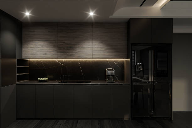 istock Interior of modern kitchen with technology, and black parquet flooring. 2161344396