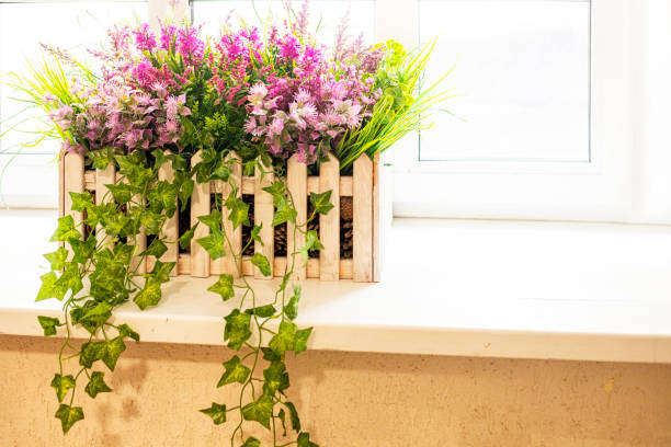 White decorative flower pots with green plant on window sill