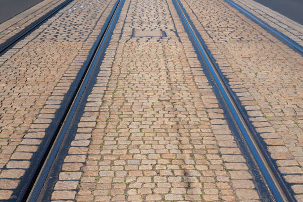 istock Tram tracks on cobblestone street 2161353166