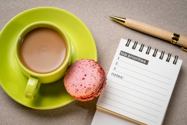 istock top priorities, notes in a small spiral notebook or calendar with a cup of coffee, time management concept 2161357754