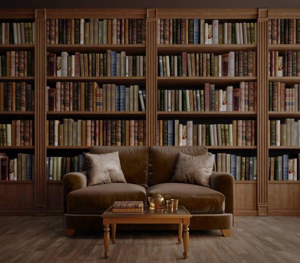 istock Brown velvet sofa in old library or house.3d rendering 2161359904