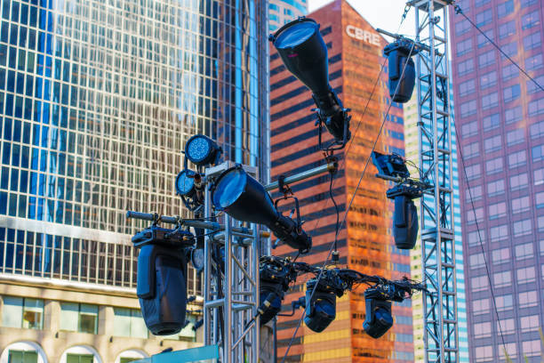 Los Angeles, California - April 10, 2024: Close-up of lighting equipment set up in Downtown Los Angeles used for event or security purposes