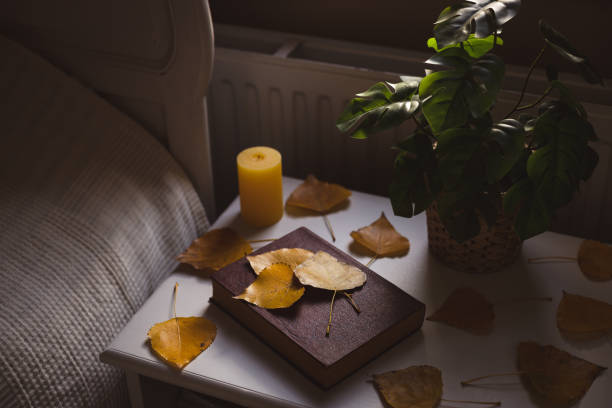 Brown book, autumn scattered poplar leaves, yellow candle and manster flower in a wicker pot on a white bedside table near the bed, close-up side view with depth of field. Autumn vacation concept.