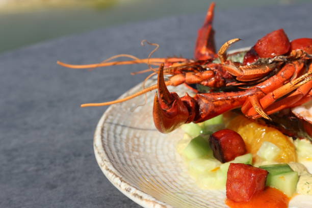 istock Off centre Roasted Marron, lobster with diced salad on white plate dark table outside. 2161362587