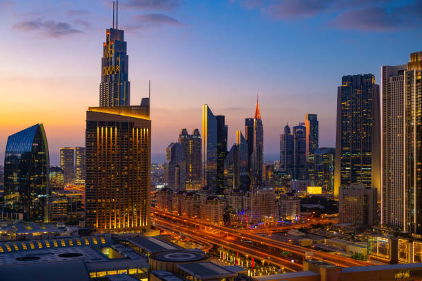 istock Dubai skyscrapers at night 2161368161