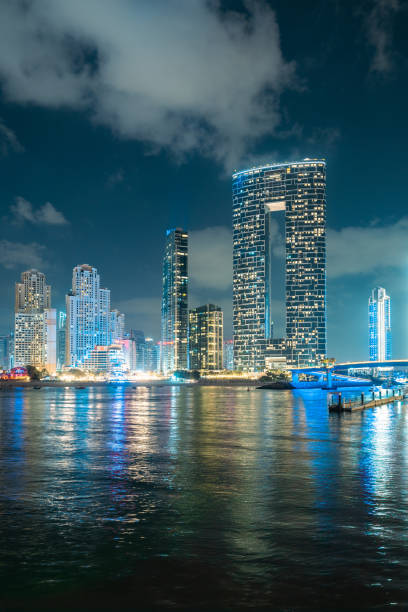 Scenic view of illuminated Dubai city at night with boats, United Arab Emirates