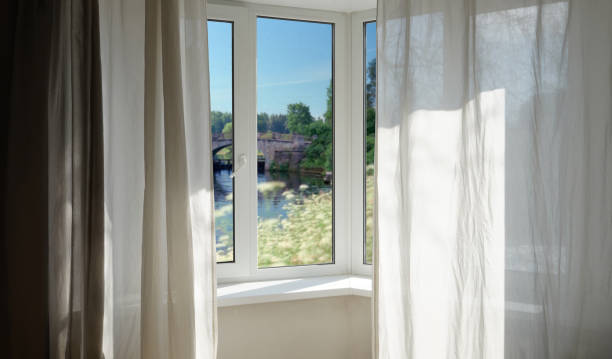 istock View from the window, green trees, landscape with lake. 2161369051