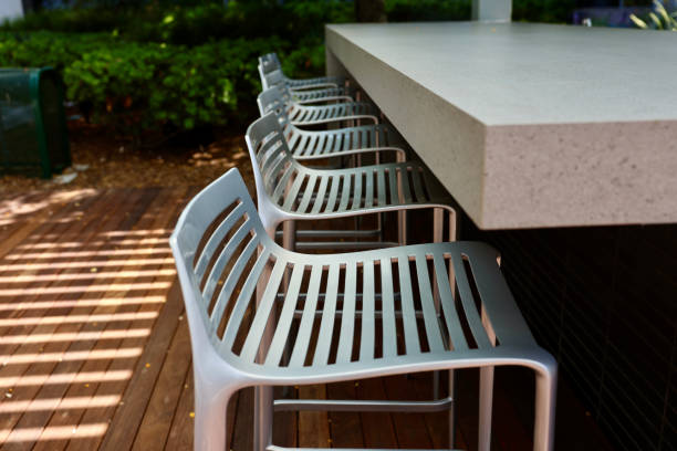 istock Modern polished aluminum bar stools on the deck 2161372469