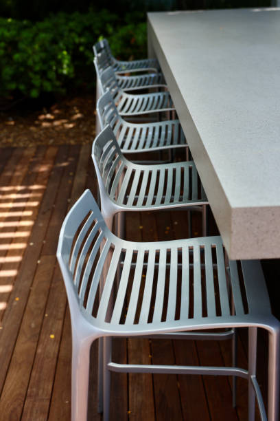 istock Modern polished aluminum bar stools on the deck 2161372473