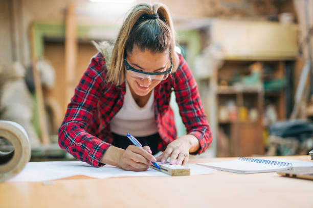 istock young female carpenter takes measures 2161373167