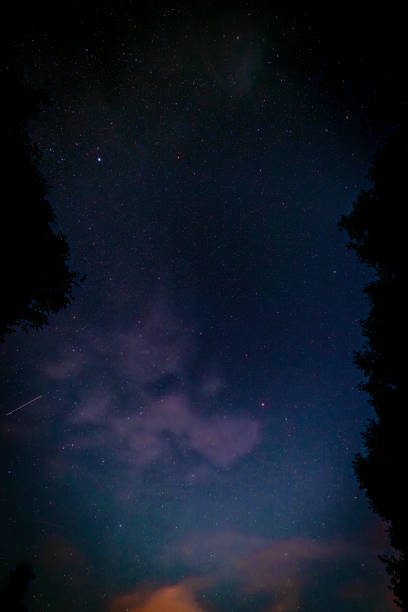 istock Dark night with stars on blue sky with silhouette 2161377013