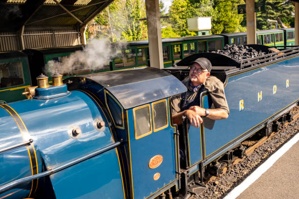 Steam engine driver looking out of his cab