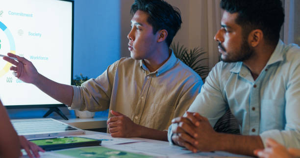 istock Group Asia businesspeople talk ESG strategies risk management solar panel workshop night, SDGs, global warming, green finance and investment and net zero waste in boardroom training building. 2161384691