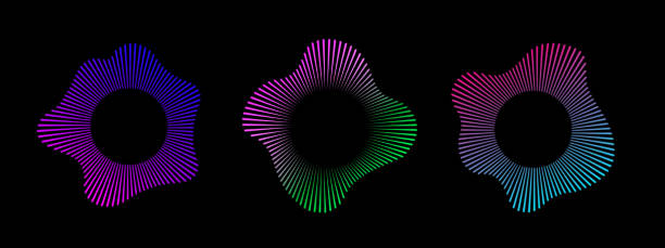 A set of neon equalizers on a black background. Audio multicolor waves. Radial curve of audio wave. Vector illustration. A set of neon equalizers on a black background. Audio multicolor waves. Radial curve of audio wave. Vector illustration bass guitar wallpaper stock illustrations