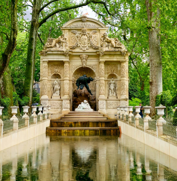 Historic, decorative fountain with sculptures in a quiet, tree-shaded area of Luxembourg Garden.