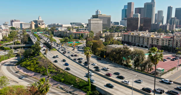 istock Birdseye View of Multiple Lane Highway in DTLA 2161396571
