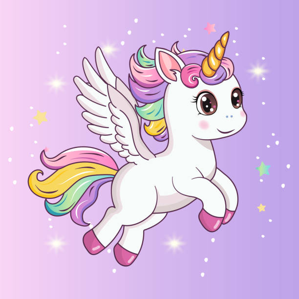 A cute unicorn with wings. A hand-drawn pony with a golden horn. The magical horse Pegasus. A cute unicorn with wings. A hand-drawn pony with a golden horn. The magical horse Pegasus. It can be used for printing, textiles, web design. Vector illustration pony wings stock illustrations