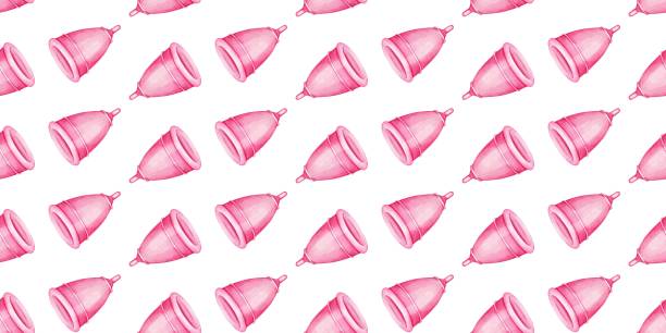 istock Menstrual cup, seamless design, endless print. Women's panty liners, eco, feathers. Watercolor illustration, endless print 2161397306