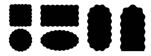 Set of square, circle and rectangle, arch and oval shapes with scallop borders. Curvy geometric forms. Blank text boxes, tags or labels isolated on white background. Vector graphic illustration.