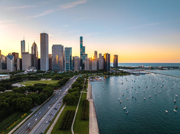 istock Lakefront Trail along the Riverfront in Chicago at Sunset 2161399725