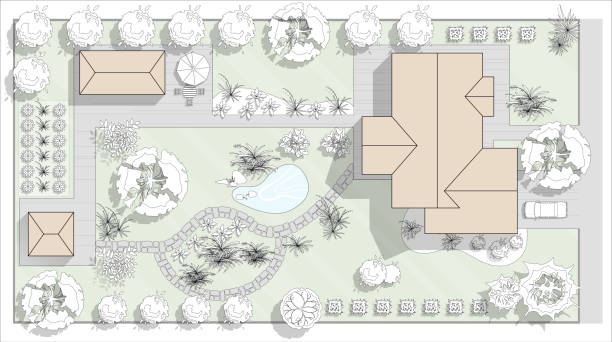 istock Top view landscape design plan with house, courtyard, lawn, garage. Highly detailed plan of country with modern cottage of villa with pond, pool. Vector illustration of Cityscape, Map of town, village 2161401903