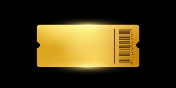 illustrazioni stock, clip art, cartoni animati e icone di tendenza di golden ticket. gold vector coupon, sticker or discount tag mockup isolated on black background. cinema, theater, concert, party, event, festival invitation entrance - ticket