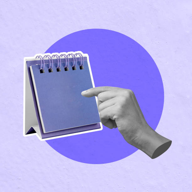istock Hand pointing at blank calendar on minimalist purple background 2161414471