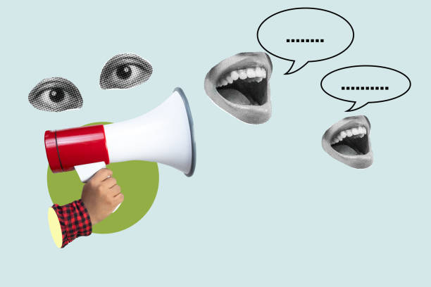 istock Person holding megaphone communicating with talking mouths and watching eyes 2161416517