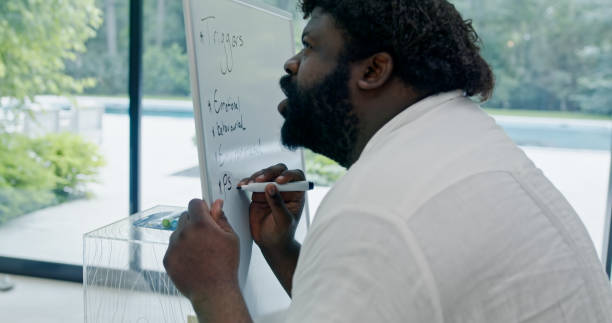 istock Group Therapy Leader Writing on a Whiteboard at a Rehab Centre 2161417057