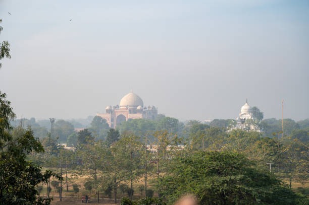 A view of Humayun's Tomb from behind the green plants and through the smog.