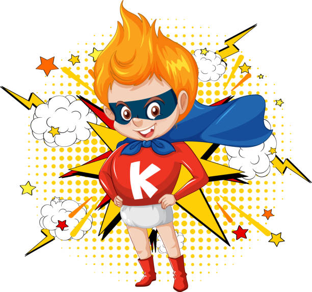 istock Cartoon superhero kid with fiery hair and blue cape 2161424621