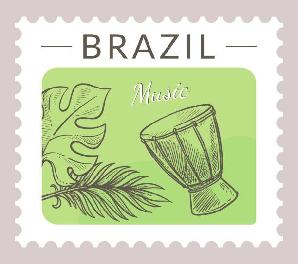 Musical instruments of Brazil, postcard vector Postcard or postmark with musical instruments of Brazil. Drums and tropical leaves foliage. Postal mark or card, mailing letter and correspondence. Monochrome sketch outline. Vector in flat style cartoon of a african bongo drums stock illustrations