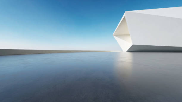 istock 3d render of abstract modern architecture with empty concrete floor, minimal white exterior, car presentation background 2161426846