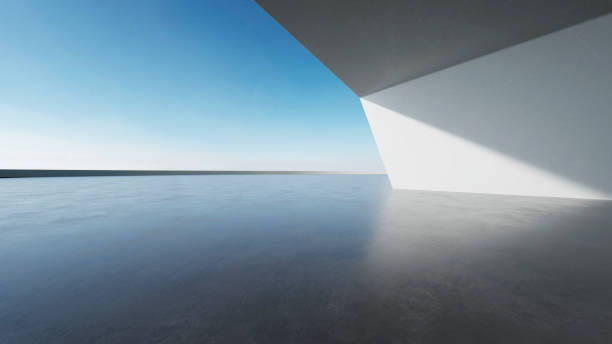 istock 3d render of abstract modern architecture with empty concrete floor, minimal white exterior, car presentation background 2161426848