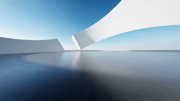 istock 3d render of abstract curved structure futuristic architecture with empty concrete floor, minimal white exterior, car presentation background 2161426849
