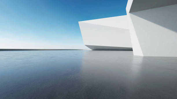 3d render of abstract modern architecture with empty concrete floor, minimal white exterior, car presentation background