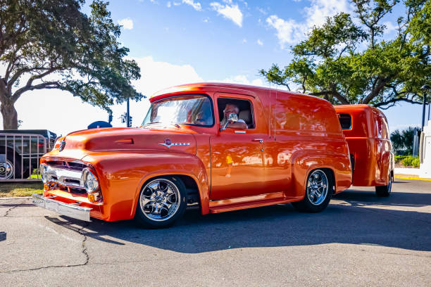 Gulfport, MS - October 02, 2023: Low perspective front corner view of a 1956 Ford F100 Panel Truck at a local car show.