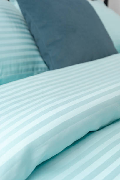 istock Mint Green Striped Bedding on a Black Metal Frame Bed 2161432516