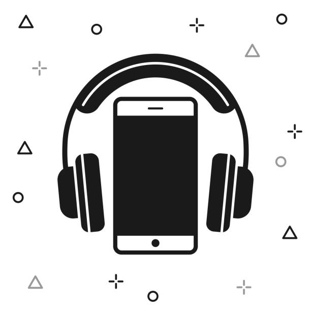 Headphones with smartphone. Icon on white background Icon of "Headphones with smartphone" surrounded by different small shapes like circles, squares and crosses creating a dynamic effect. Black icon isolated on a blank background. Vector Illustration (EPS file, well layered and grouped). Easy to edit, manipulate, resize or colorize. Vector and Jpeg file of different sizes. black and white headphones stock illustrations