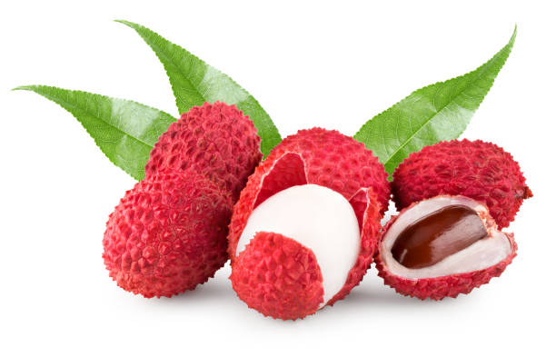 istock fresh lychee with slices and green leaves isolated on white background. clipping path 2161441966