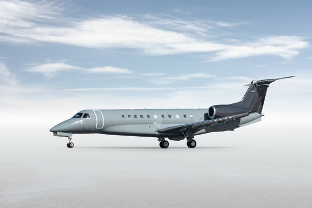 istock Modern luxury private jet isolated on bright background with sky 2161444027