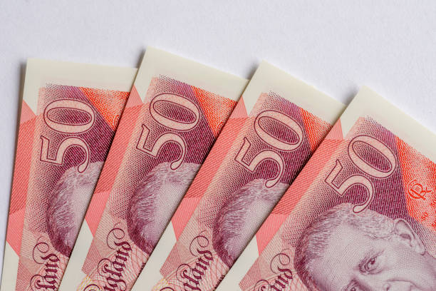 Huntingdon, Cambridgeshire, UK - July 2024. New King Charles III 50 pound notes issued June 2024.