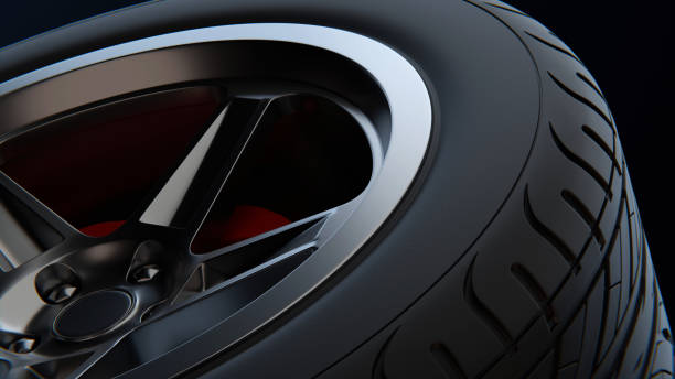 istock Concept garage tools. auto wheels on a dark background with chrome rims close-up. 3d render 2161446425